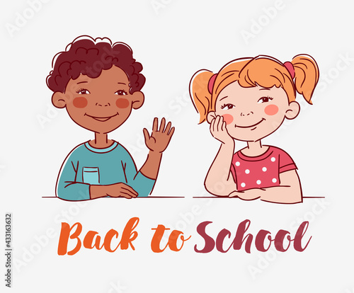 Funny kids. Vector cute boy and girl collection. Multi-ethnic couple of happy children. Different cartoon faces icons