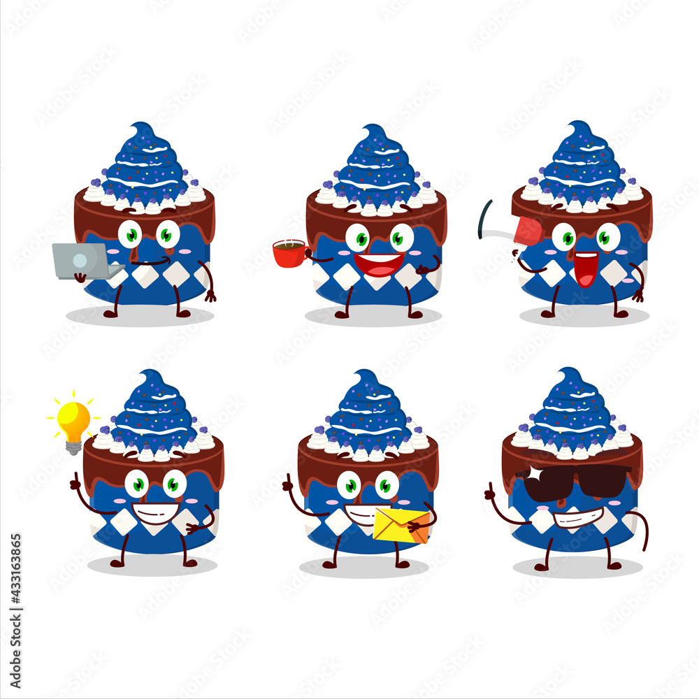 Fototapeta premium Sweety cake blueberry cartoon character with various types of business emoticons