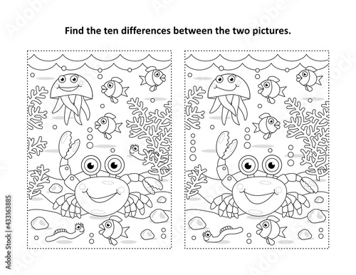Find ten differences underwater visual puzzle and coloring page. Crab, sea life, black and white, suitable both for kids and adults.