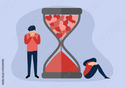 Broken heart concept vector illustration. Sad man and woman crying with falling heart hourglass in flat design. Bad Valentine’s Day. Breakup or divorced couple.