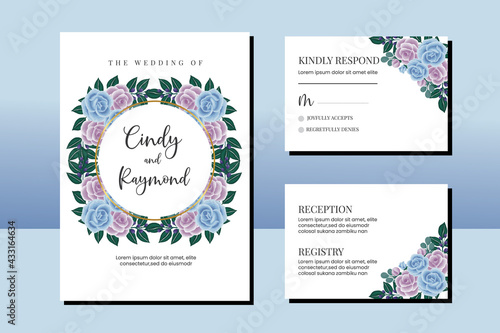 Wedding invitation frame set, floral watercolor hand drawn Blue Rose Flower design Invitation Card Template