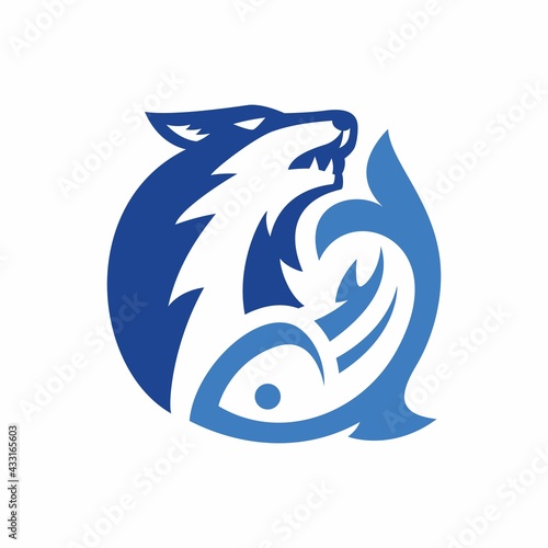 Wolf and Fish circle logo. Animal life logo.