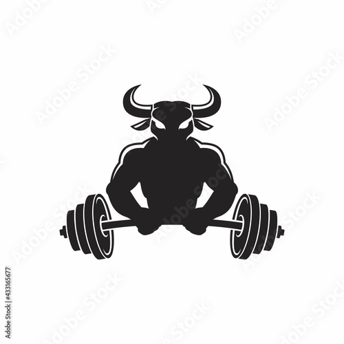 Fitness Center logo Concept. Silhouette Bull Holding Barbell vector. Vintage gym templates. 