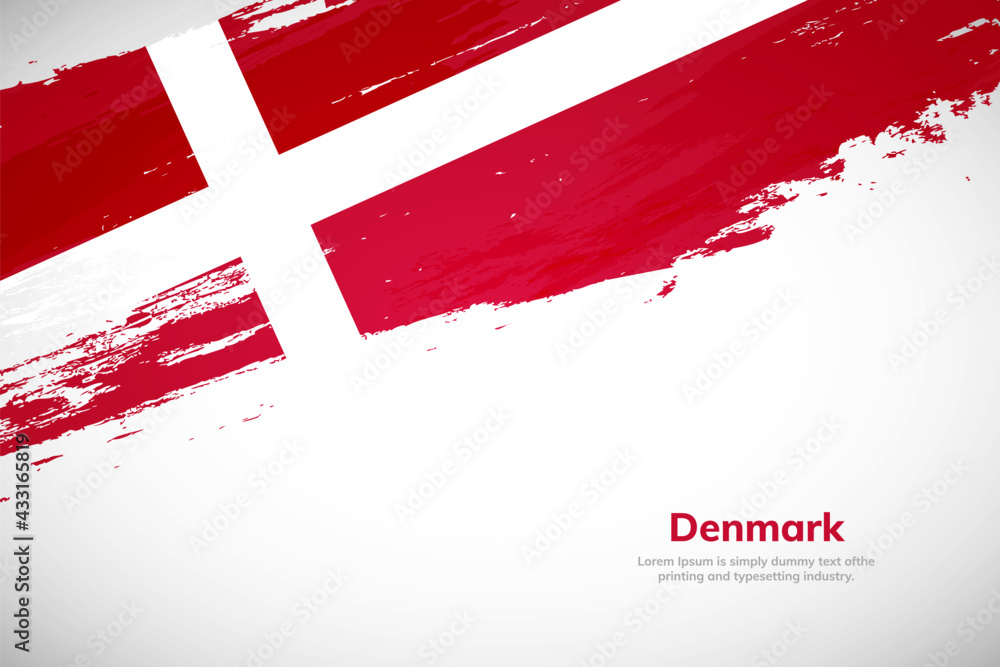 Brush painted grunge flag of Denmark country. Hand drawn flag style of Denmark. Creative brush stroke concept background - obrazy, fototapety, plakaty 
