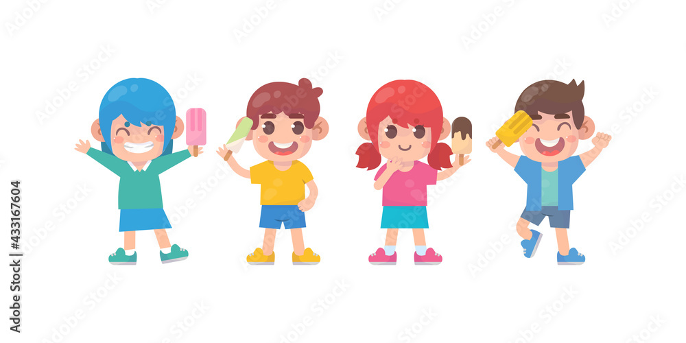 Happy kids cute boy and girl  character with ice cream Premium Vector
