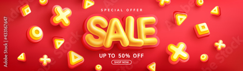 Special Offer Sale 50% Off Poster or banner with Yellow Sale font on red background for Retail,Shopping or promotion.Sale banner template design for social media and website.50% Off sale special offer