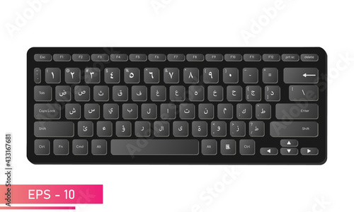 Arabic keyboard in stylish black color with symbols on the keys. Realistic design. On a white background. Devices for the computer. Flat vector illustration.