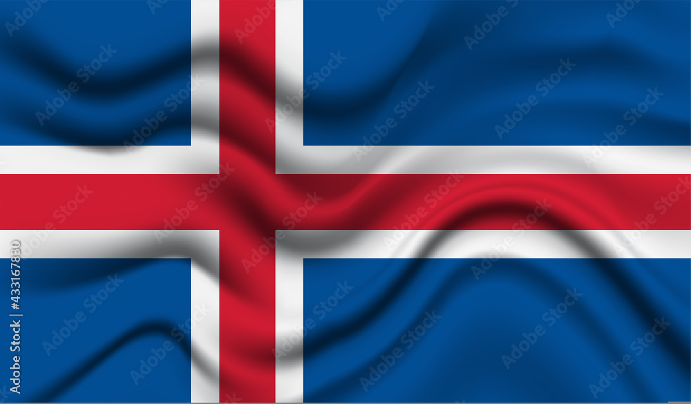 Obraz premium Abstract waving flag of Iceland with curved fabric background. Creative realistic waving flag of Iceland vector background