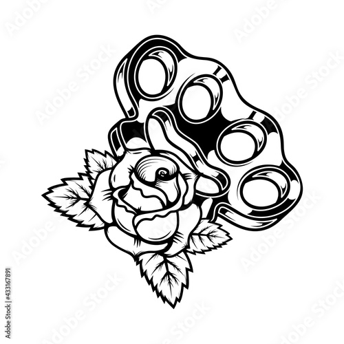 Illustration of brass knuckle with roses. Design element for logo, label, sign, emblem. Vector illustration