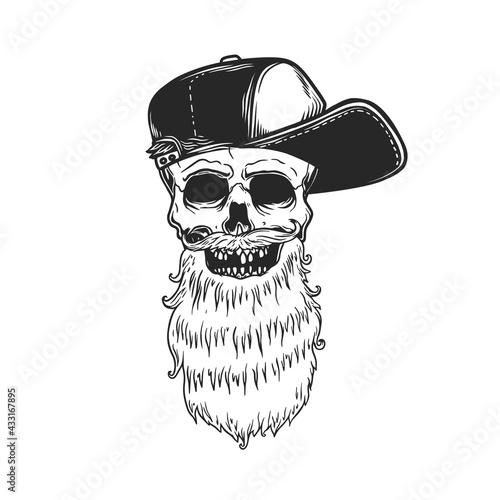 Illustration of bearded skull in baseball cap. Design element for logo, label, sign, emblem. Vector illustration