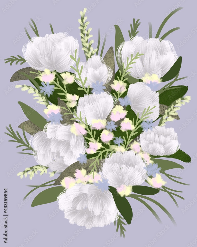 Obraz premium Botanical illustration of a bouquet of flowers made of leaves. Design of wallpaper, fabrics, textiles, packaging, posters, paper, postcards, home decor, floristics, wedding design. 