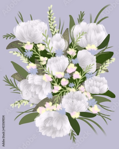 Botanical illustration of a bouquet of flowers made of leaves. Design of wallpaper, fabrics, textiles, packaging, posters, paper, postcards, home decor, floristics, wedding design. 