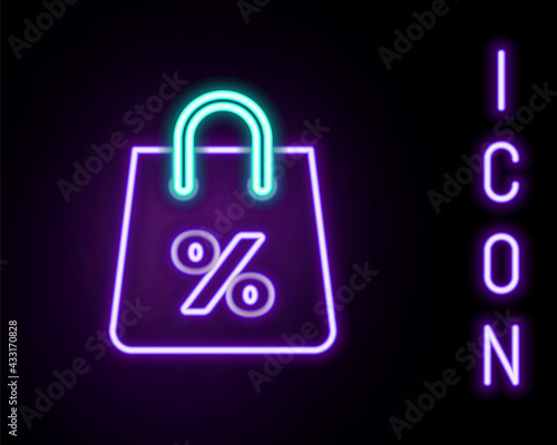 Glowing neon line Shopping bag with an inscription percent discount icon isolated on black background. Handbag sign. Woman bag icon. Female handbag sign. Colorful outline concept. Vector