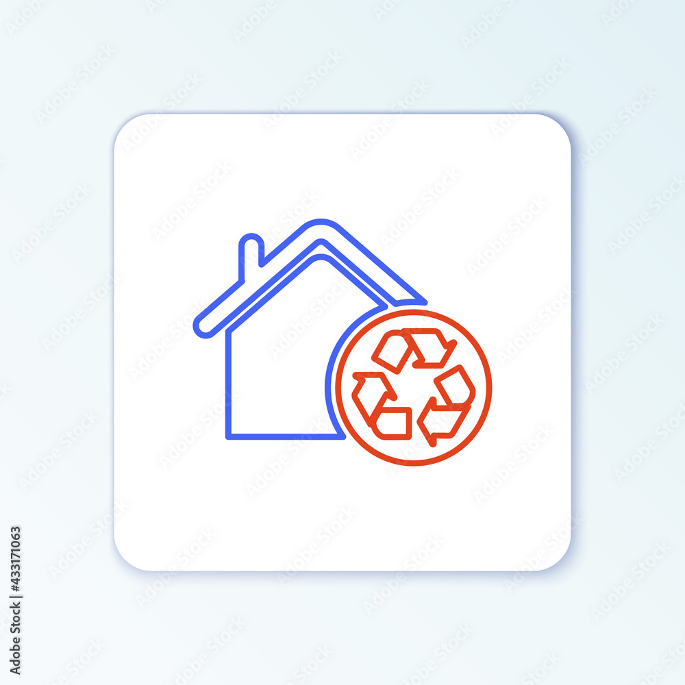 Line Eco House with recycling symbol icon isolated on white background. Ecology home with recycle arrows. Colorful outline concept. Vector Line Eco House with recycling symbol icon isolated on white background. Ecology home with recycle arrows. Colorful outline concept. Vector