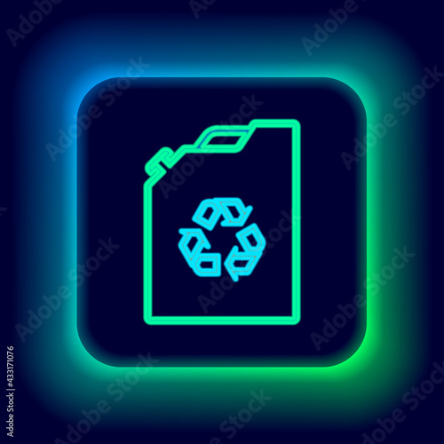 Glowing neon line Eco fuel canister icon isolated on black background. Eco bio and barrel. Green environment and recycle. Colorful outline concept. Vector
