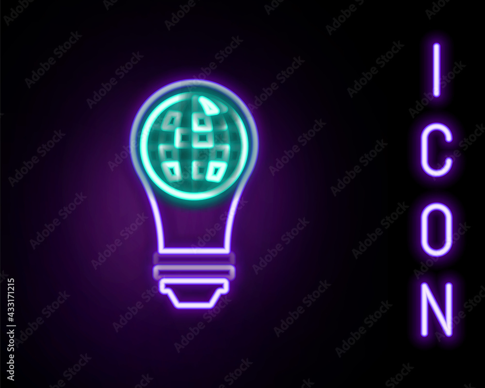 Glowing neon line Light bulb with inside world globe icon isolated on black background. Planet Earth on the lamp. Global ecology concept. Colorful outline concept. Vector