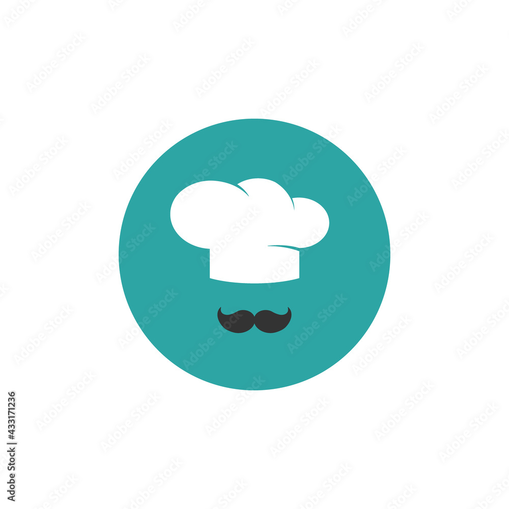 Chef cook cap with mustaches in blue circle. icon isolated on white. Chef cook cap with mustaches in blue circle. icon isolated on white.