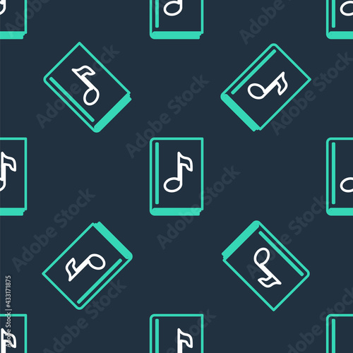 Line Audio book icon isolated seamless pattern on black background. Musical note with book. Audio guide sign. Online learning concept. Vector
