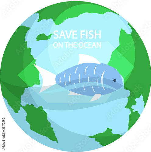 Blue sea fish on background of planet. Eco friendly nature conservation, ocean protection. Representative of biodiversity, marine inhabitant is swimming in ocean. Save fish in ocean concept