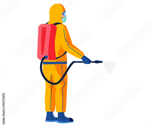 Disinfectant worker wearing hazmat suit is disinfecting. Preventive measures concept. Character in protective outfit isolated on white background. Man sprays disinfectant liquid from special balloon