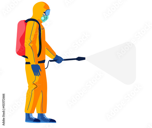 Disinfectant worker wearing hazmat suit is disinfecting. Preventive measures concept. Character in protective outfit isolated on white background. Man sprays disinfectant liquid from special balloon