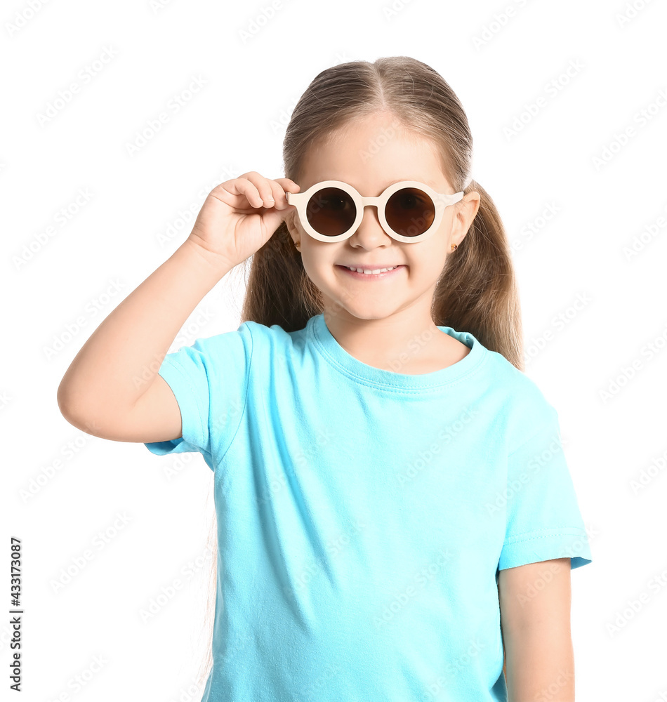 Cute little girl wearing stylish sunglasses on white background Cute little girl wearing stylish sunglasses on white background