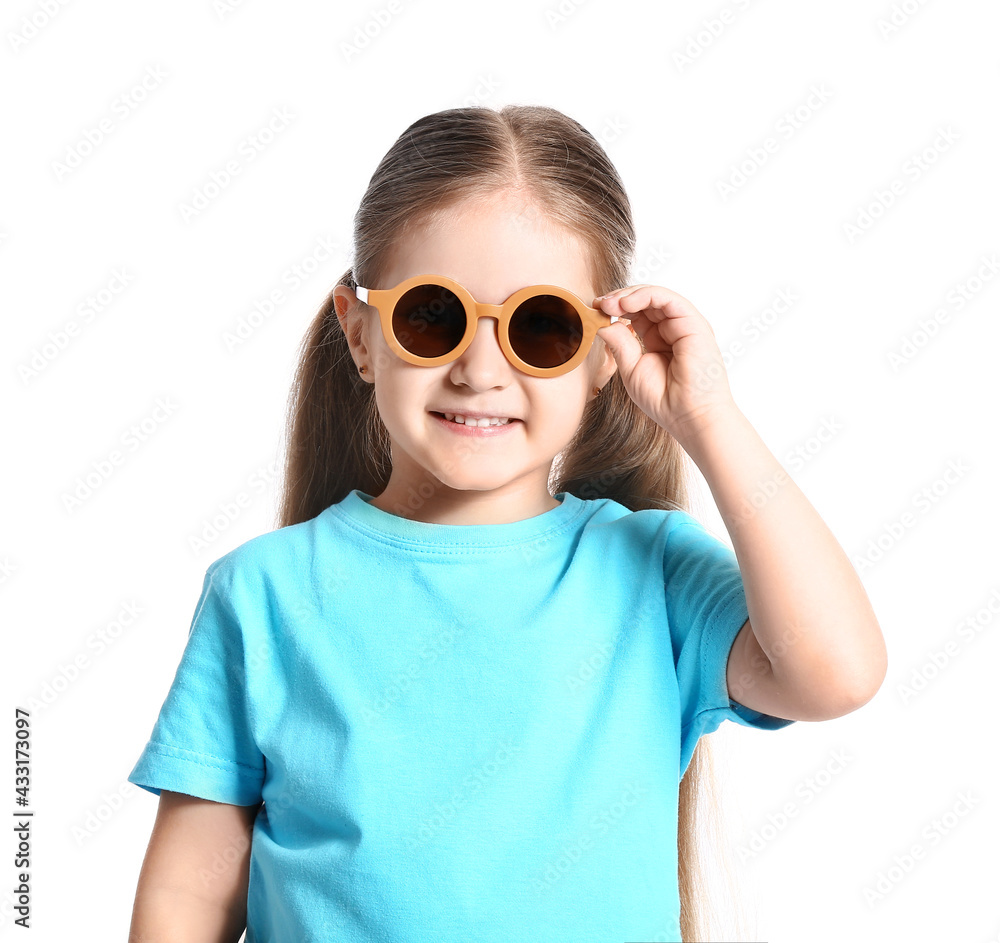 Cute little girl wearing stylish sunglasses on white background Cute little girl wearing stylish sunglasses on white background