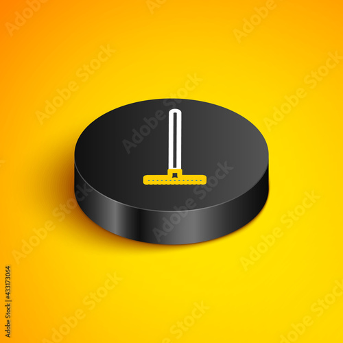 Isometric line Garden rake icon isolated on yellow background. Tool for horticulture, agriculture, farming. Ground cultivator. Housekeeping equipment. Black circle button. Vector