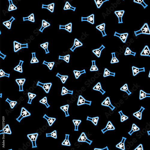 Line Chemical test tube with marijuana or cannabis leaf icon isolated seamless pattern on black background. Research concept. Laboratory CBD oil concept. Vector