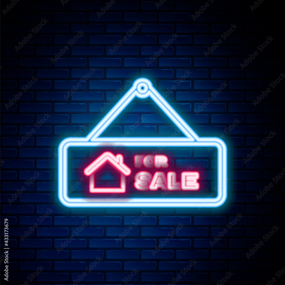 Glowing neon line Hanging sign with text For Sale icon isolated on brick wall background. Signboard with text For Sale. Colorful outline concept. Vector