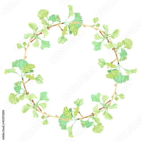 watercolor hand drawn ginkgo branch circle wreath frame