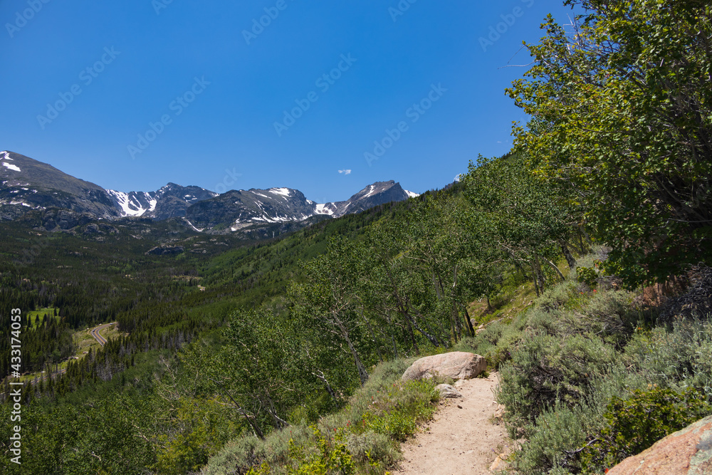 Bierstadt Lake Trail with blue sky and mountains in background in Rocky Mountain National Park, Colorado
