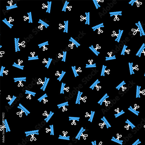 Line Rafting boat icon isolated seamless pattern on black background. Kayak with paddles. Water sports, extreme sports, holiday, vacation, team building. Vector