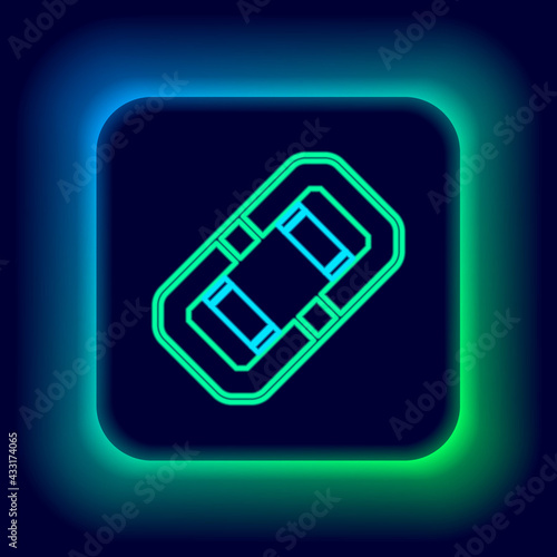 Glowing neon line Rafting boat icon isolated on black background. Inflatable boat. Water sports, extreme sports, holiday, vacation, team building. Colorful outline concept. Vector