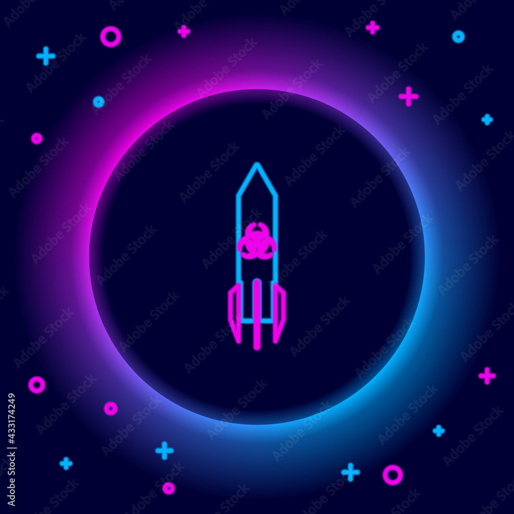 Glowing neon line Biohazard rocket icon isolated on black background. Rocket bomb flies down. Colorful outline concept. Vector