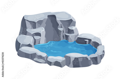 Pond with water and stones, natural or garden decoration in cartoon style isolated on white background. Ui game asset, Park pool, lake.