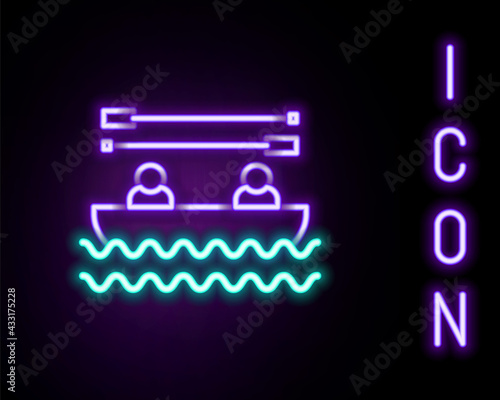 Glowing neon line Boat with oars and people icon isolated on black background. Water sports, extreme sports, holiday, vacation, team building. Colorful outline concept. Vector