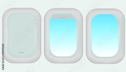 Set of aircraft windows and sky.Blank porthole vector.Advertising mockup for travel and tourism.