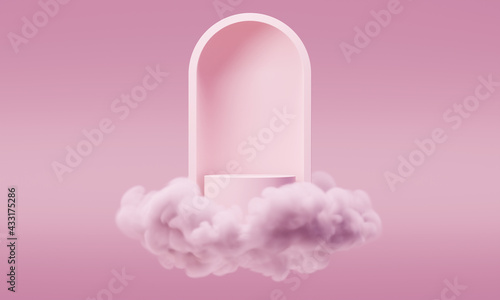 3D mock up podium podium with an abstract minimalistic arch in a cloud in a light pink palette in a mid century style. Modern platform for product presentation.