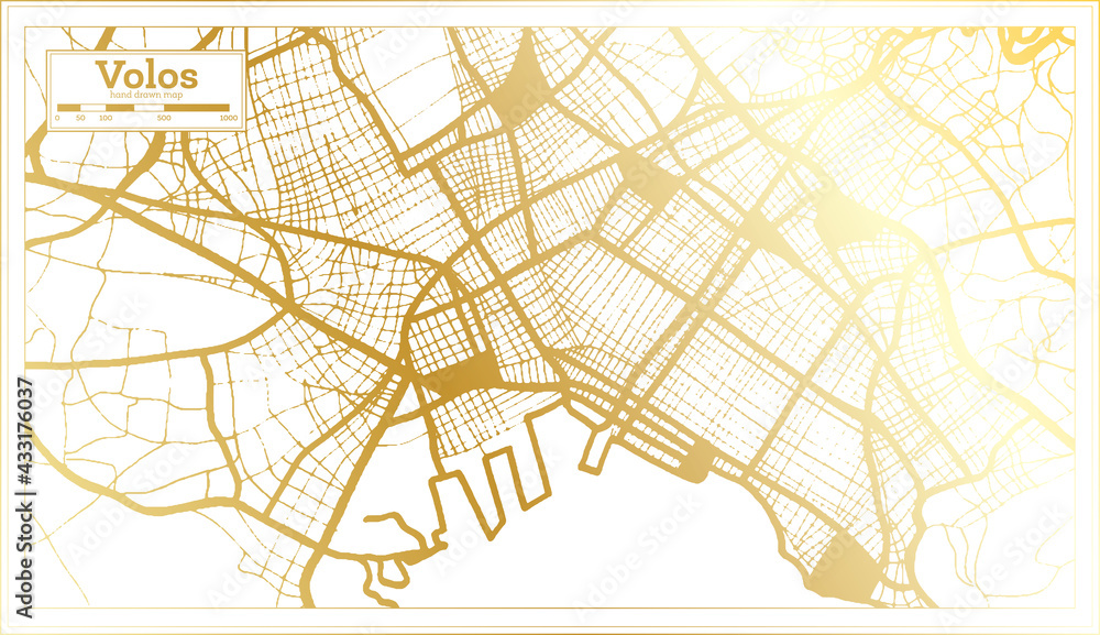 Volos Greece City Map in Retro Style in Golden Color. Outline Map.