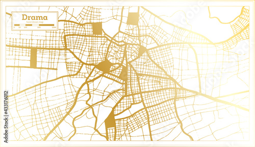Drama Greece City Map in Retro Style in Golden Color. Outline Map.