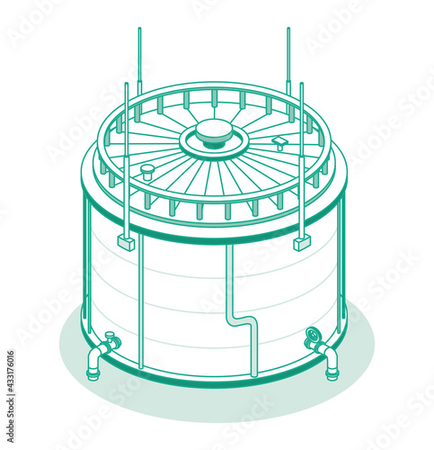 Isometric Big Industrial Oil Tank Isolated on White Background. Outline Icon.