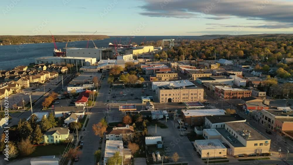 Establishing shot of Sturgeon Bay city in Door county, Wisconsin. Aerial view of American town. Sunny morning, sunrise. Spring summer season. Establishing shot of Sturgeon Bay city in Door county, Wisconsin. Aerial view of American town. Sunny morning, sunrise. Spring summer season.