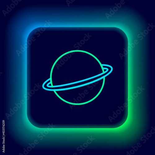 Glowing neon line Planet Saturn with planetary ring system icon isolated on black background. Colorful outline concept. Vector