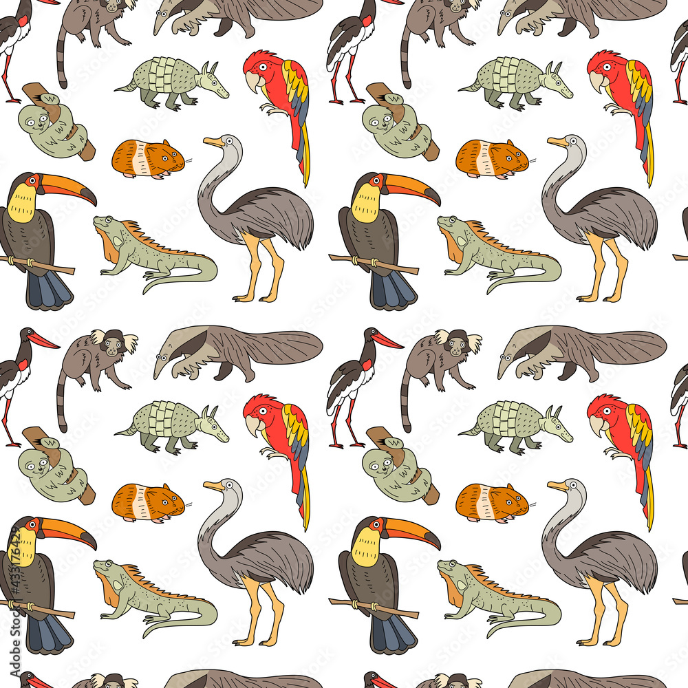 Fototapeta premium Endless texture with cute funny animals living in South America. Seamless pattern with toucan, parrot and monkey for kid design