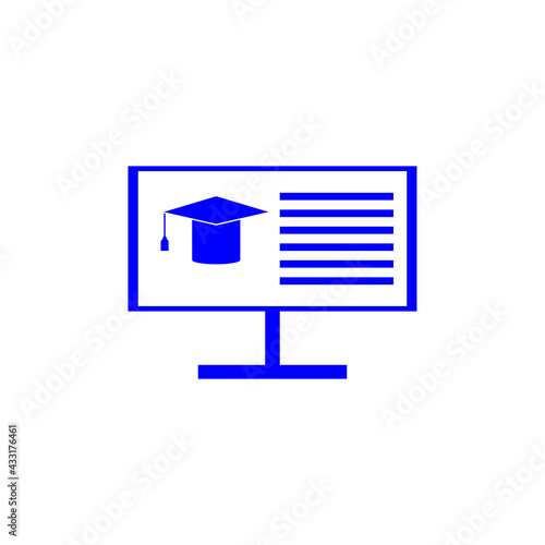 Computer monitor and cap of academician icon. Distance education iilustrator