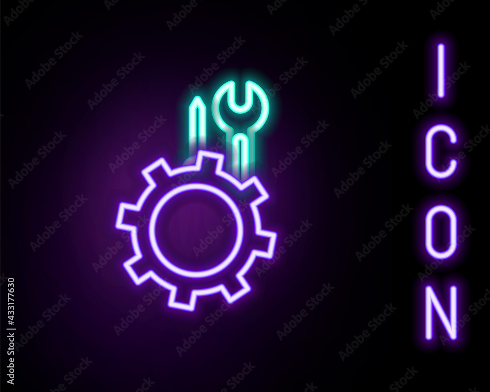 Glowing neon line Wrench and screwdriver in gear icon isolated on black background. Adjusting, service, setting, maintenance, repair, fixing. Colorful outline concept. Vector Glowing neon line Wrench and screwdriver in gear icon isolated on black background. Adjusting, service, setting, maintenance, repair, fixing. Colorful outline concept. Vector