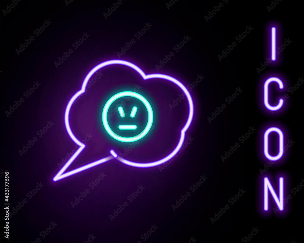 Glowing neon line Speech bubble with angry smile icon isolated on black background. Emoticon face. Colorful outline concept. Vector Glowing neon line Speech bubble with angry smile icon isolated on black background. Emoticon face. Colorful outline concept. Vector