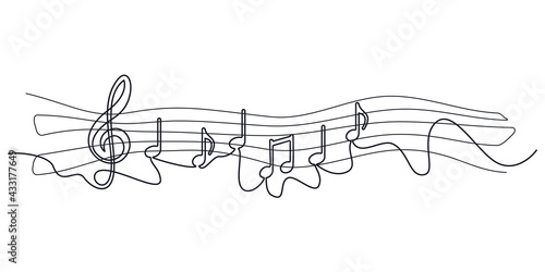 Self drawing musical notes one line. Simple black musical symbolsof single continuous drawing on white background for banner of festival, print design, melody recording, design back layers. Vector