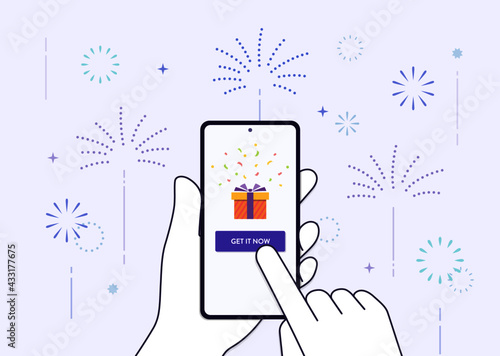 online shopping event illustration: hand holding mobile phone and touching screen. simple fireworks background. digital celebration event, gift box, festival invitation. editable stroke.